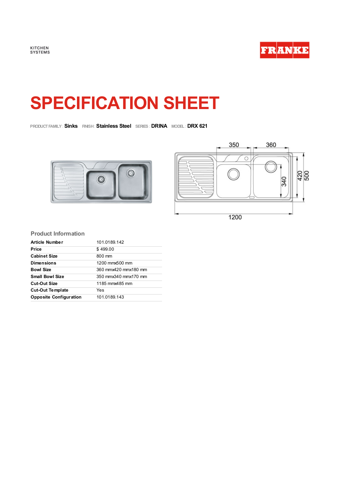 Franke DRX621RHDPACK Specifications Sheet