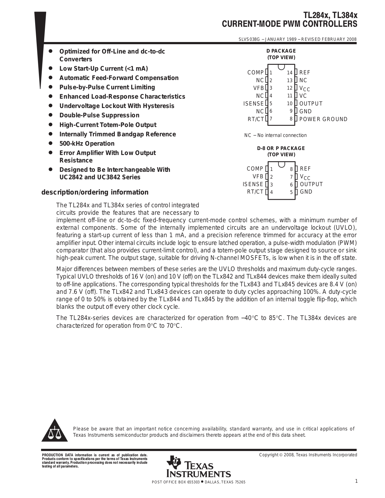 TEXAS INSTRUMENTS TL284X, TL384X Technical data