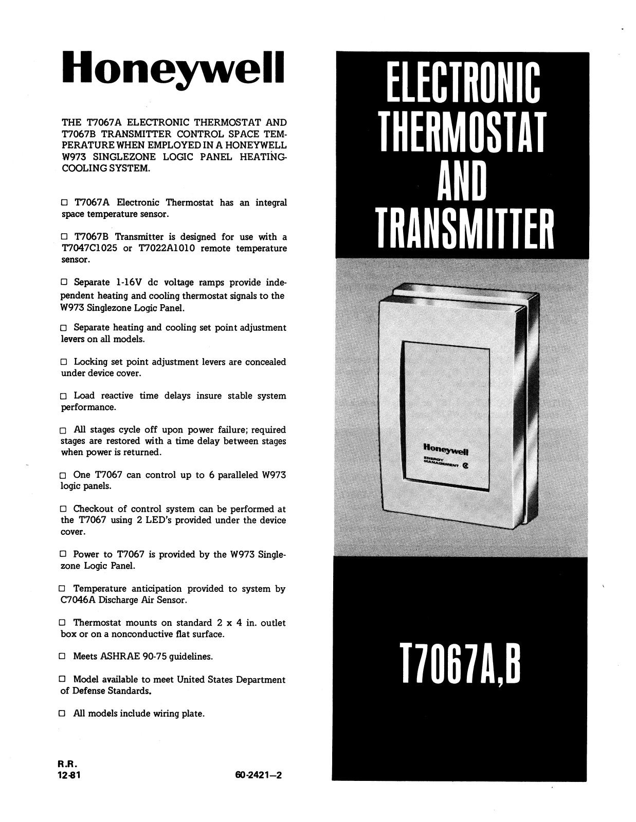 Honeywell T7067A, T7067B Product Information Sheet