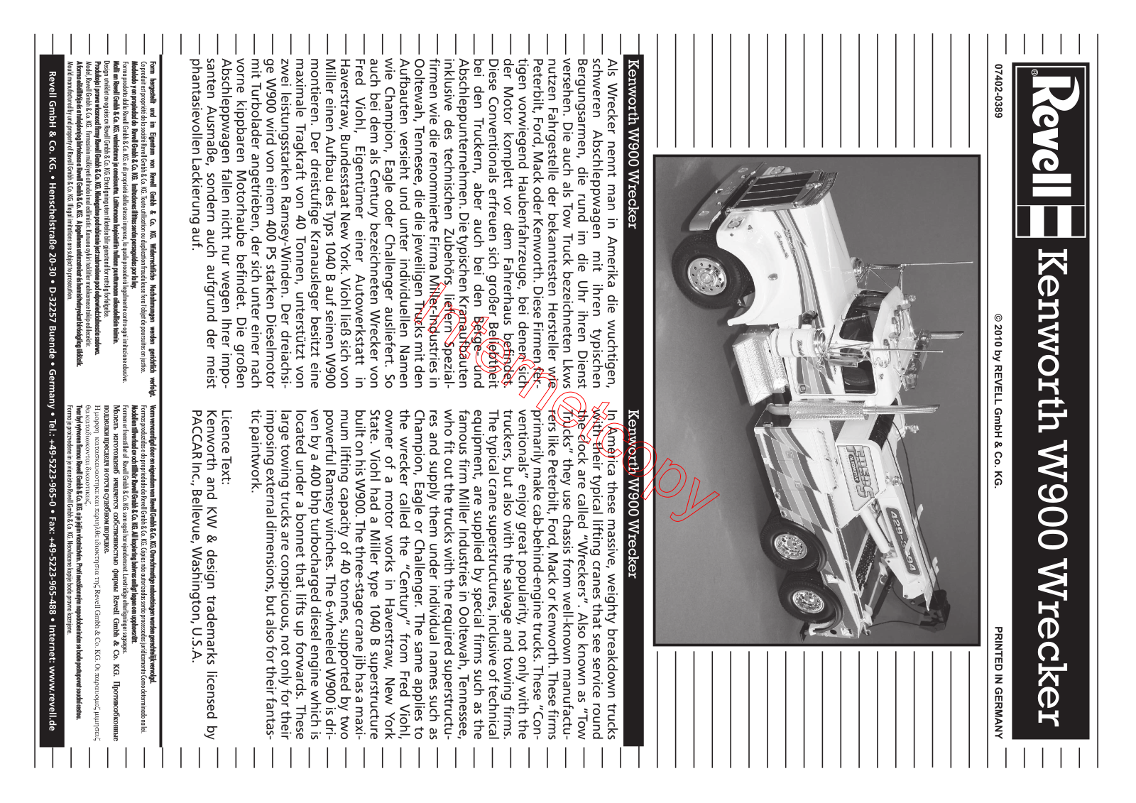 REVELL Kenworth W-900 Wrecker User Manual