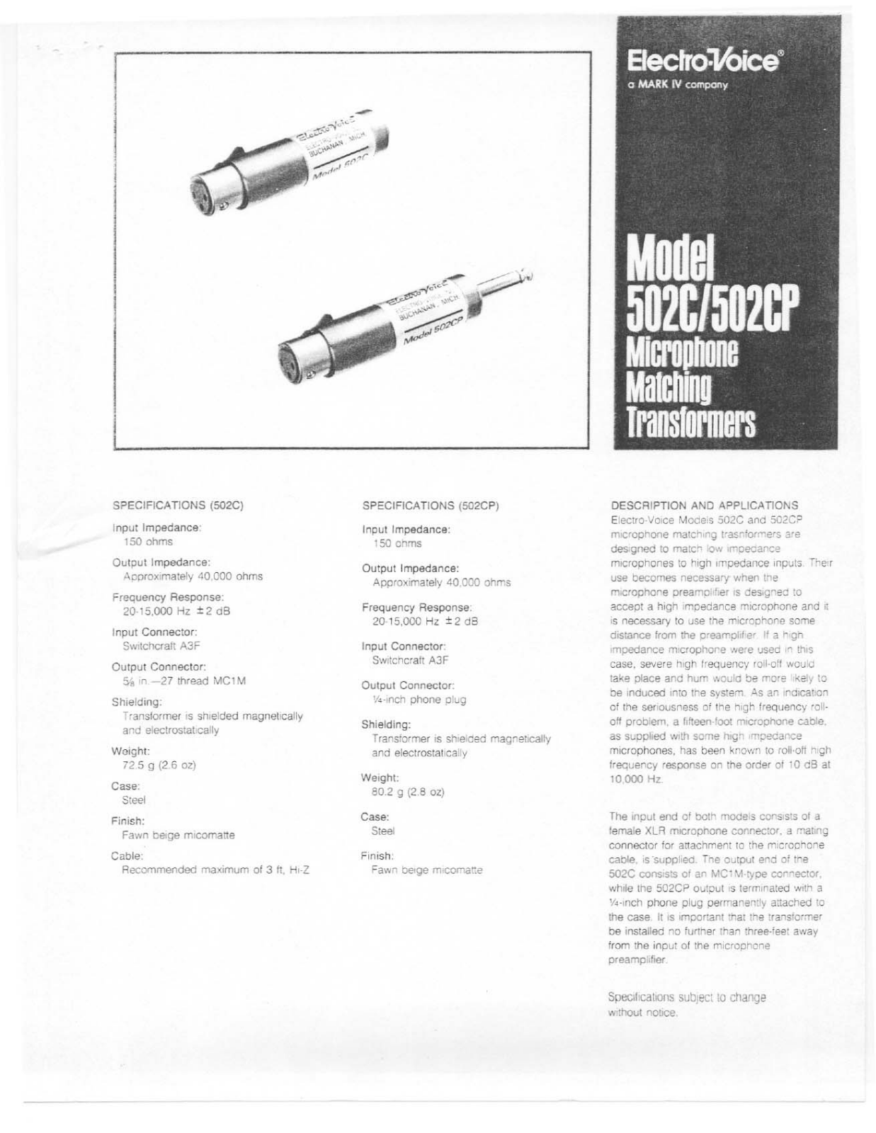 Electro-voice 502C, 502CP DATASHEET