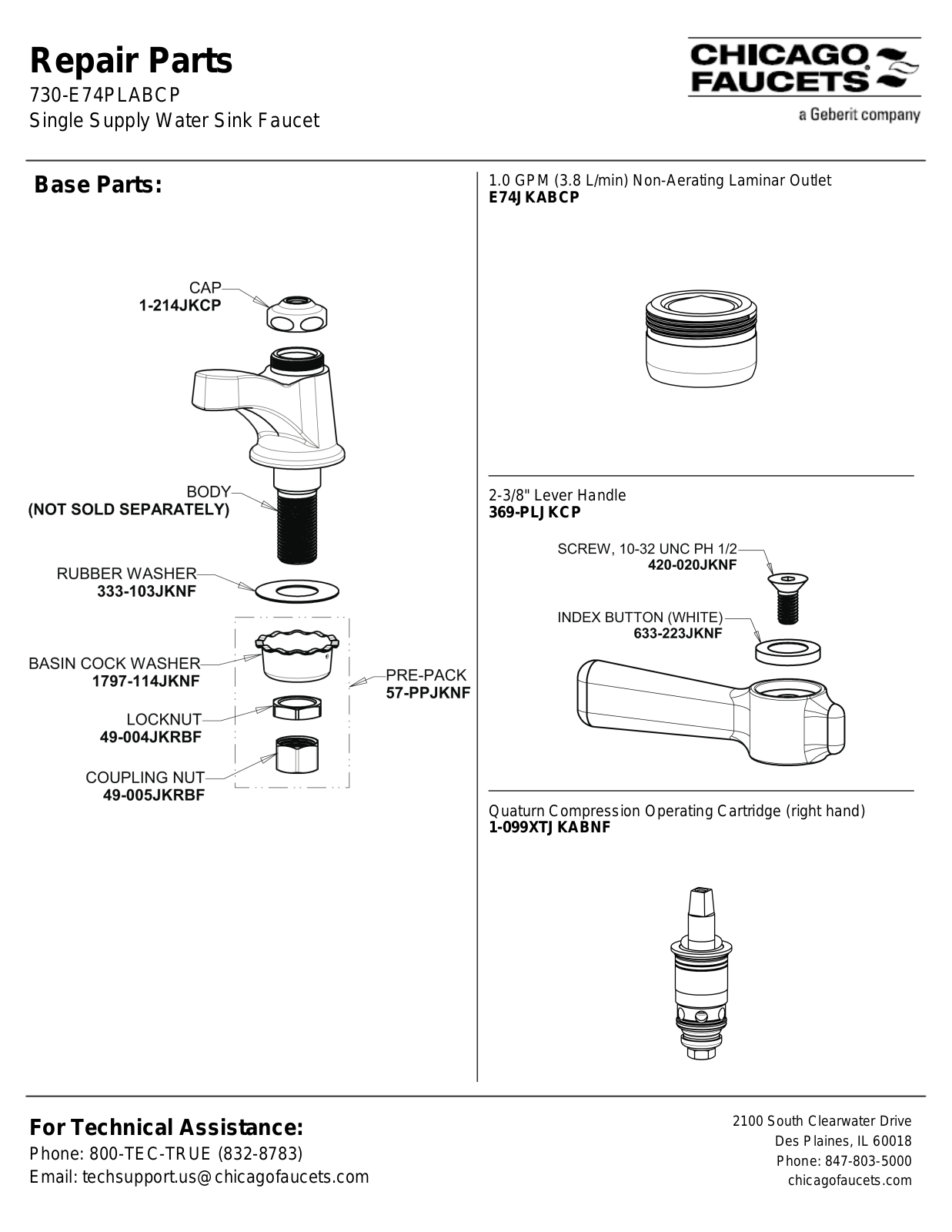 Chicago Faucet 730-E74PLABCP Parts List