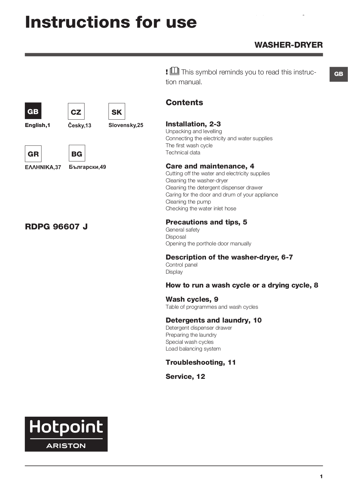 HOTPOINT/ARISTON RDPG 96607 JD EU User Manual