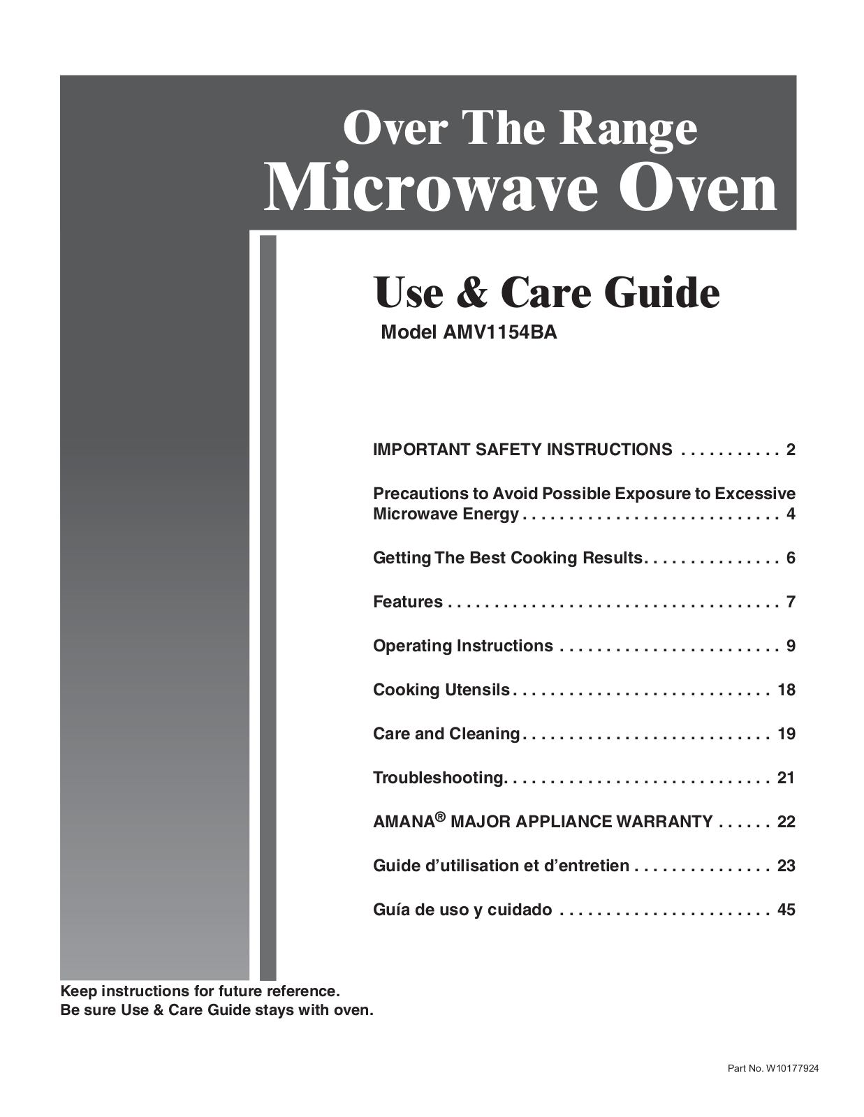 Amana AMV1154BAB, AMV1154BAQ, AMV1154BAS, AMV1154BAW, AMV1154BAZ Owner's Manual