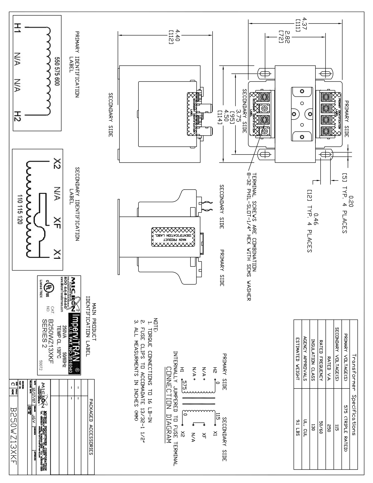 Micron Industries B250WZ13XKF Specification Sheet