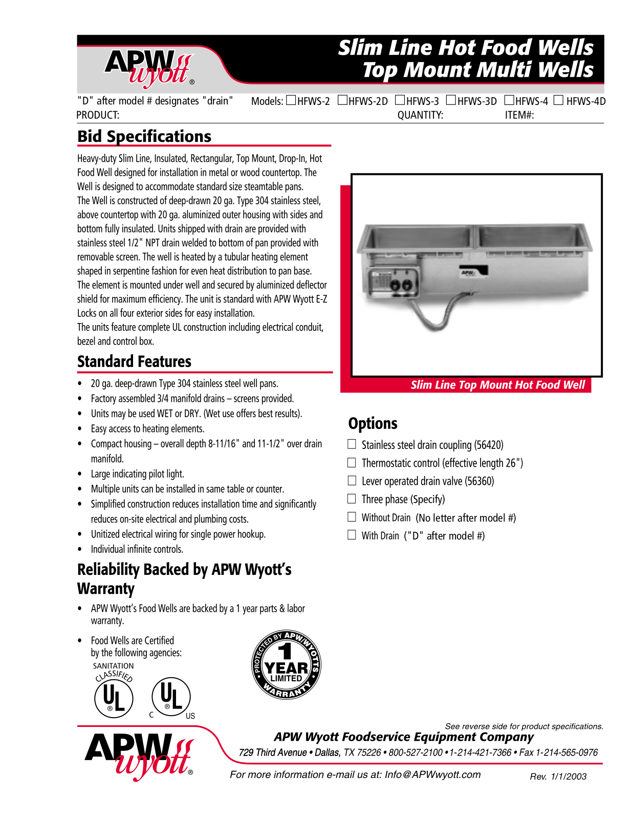 APW Wyott HFWS-2, HFWS-2D, HFWS-3, HFWS-3D, HFWS-4 General Manual