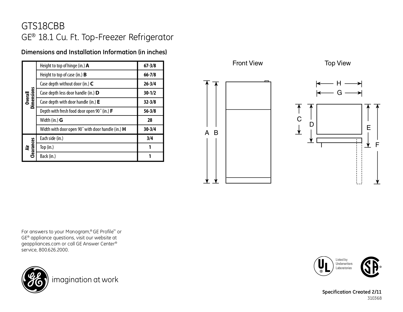 GE GTS18CBB Specification