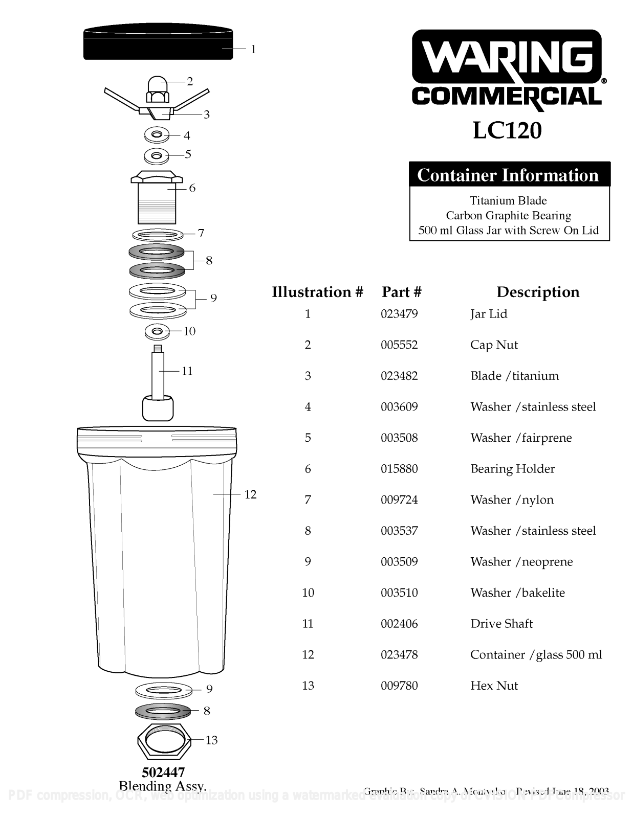 Waring LC120 Parts List