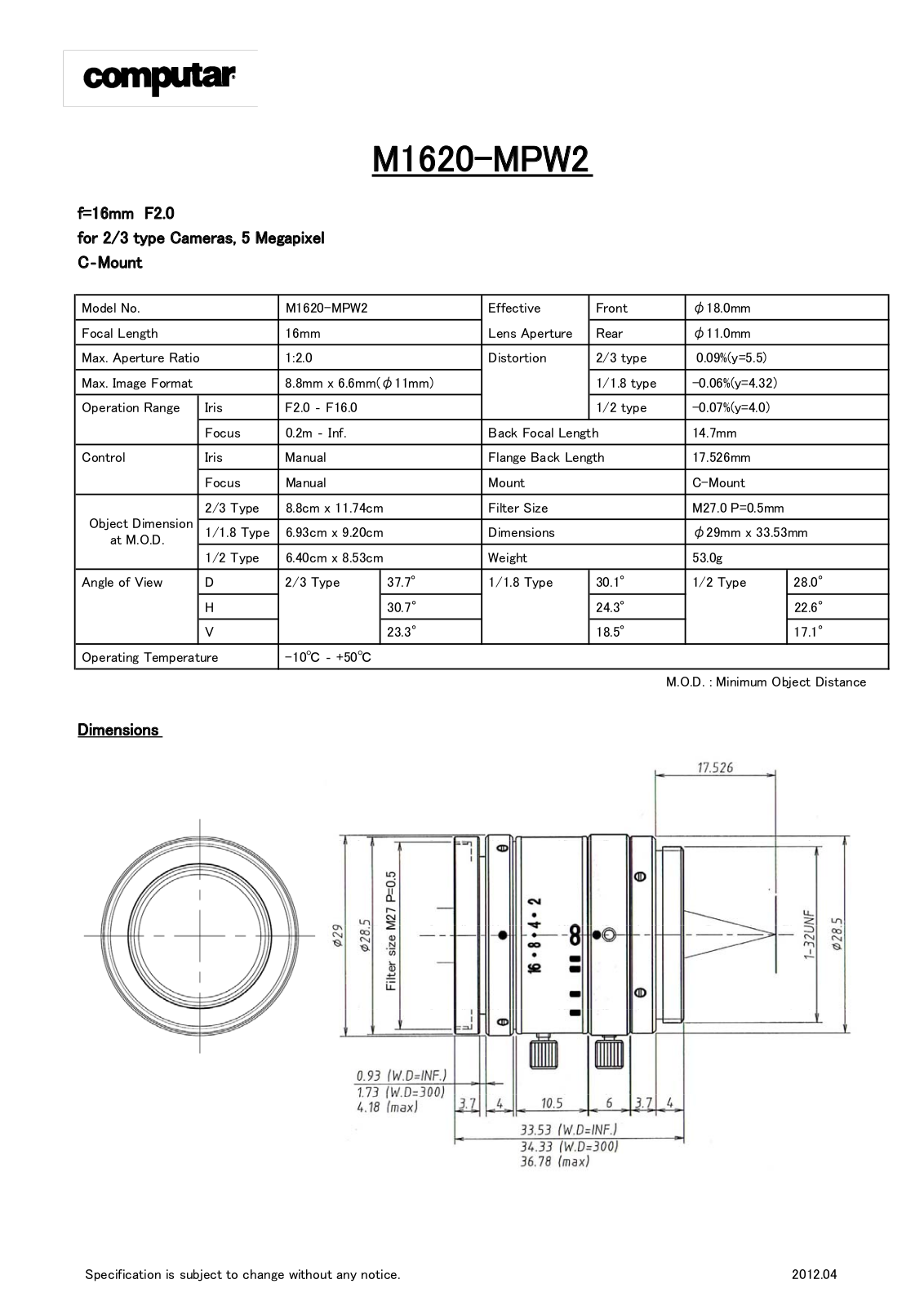 Computar M1620-MPW2 Specsheet - ManualMachine.com