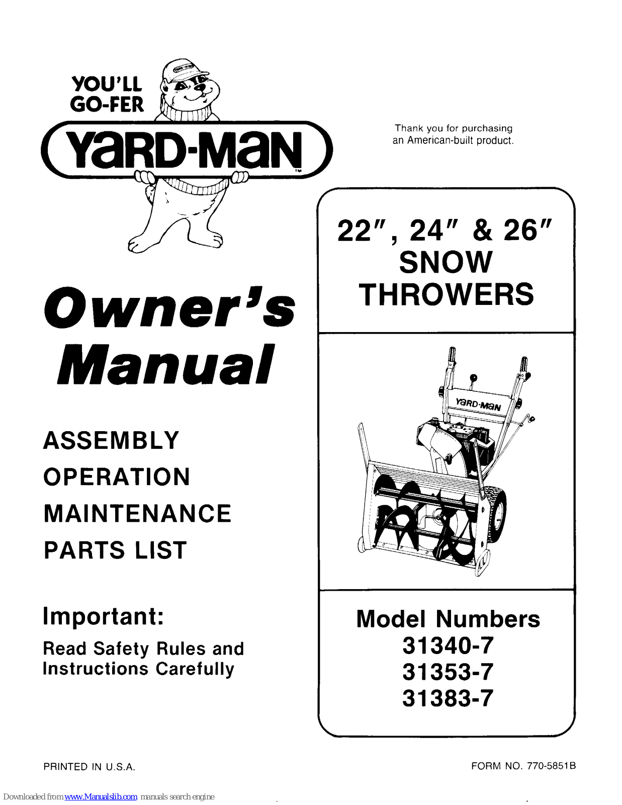 Yard-Man 31340-7, 31353-7, 31383-7 Owner's Manual