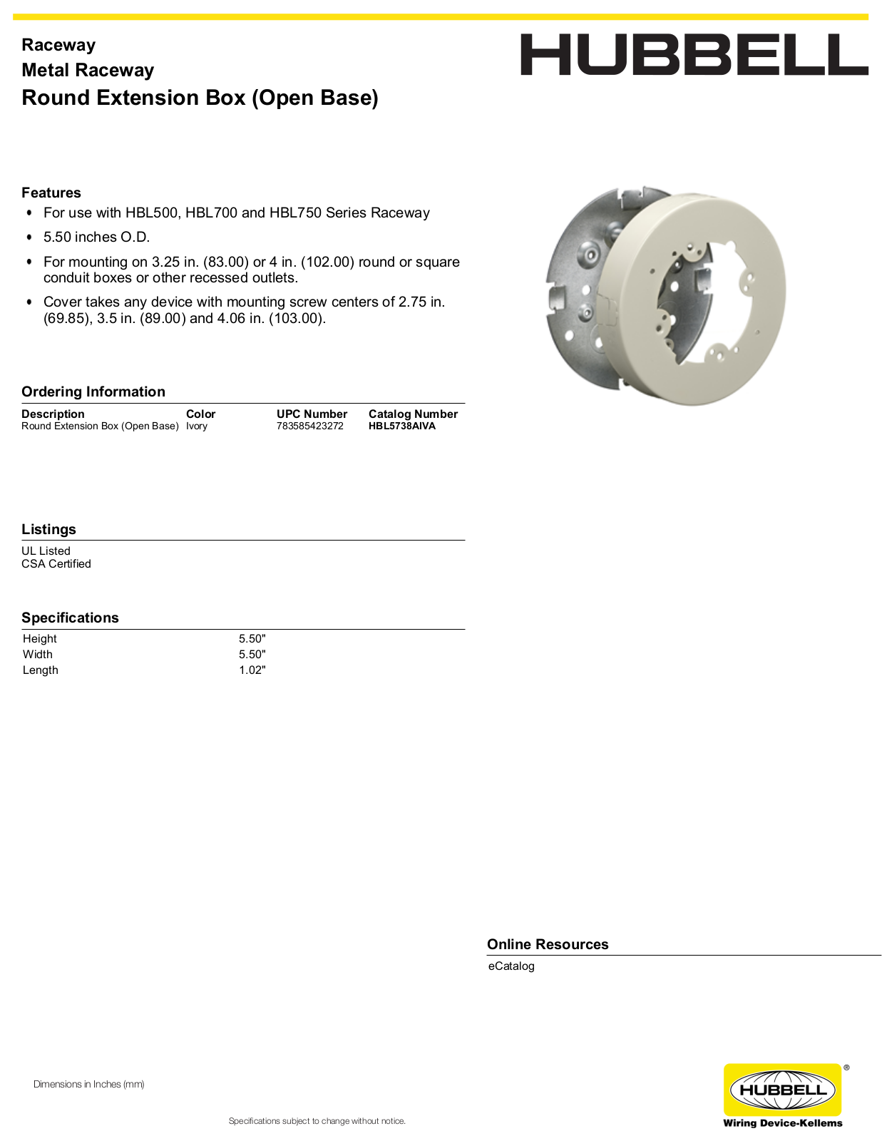 Hubbell HBL5738AIVA Specifications