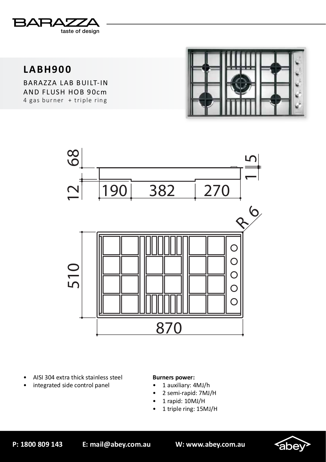 Barazza LABH900 Specifications Sheet