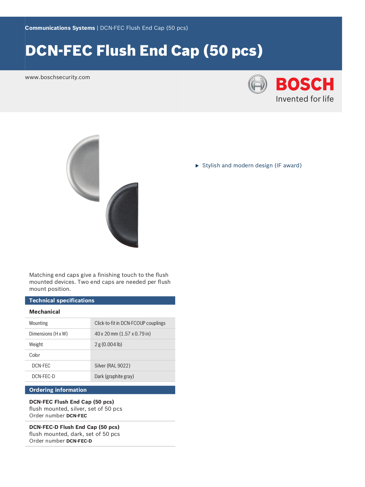 Bosch DCN-FEC-D Specsheet