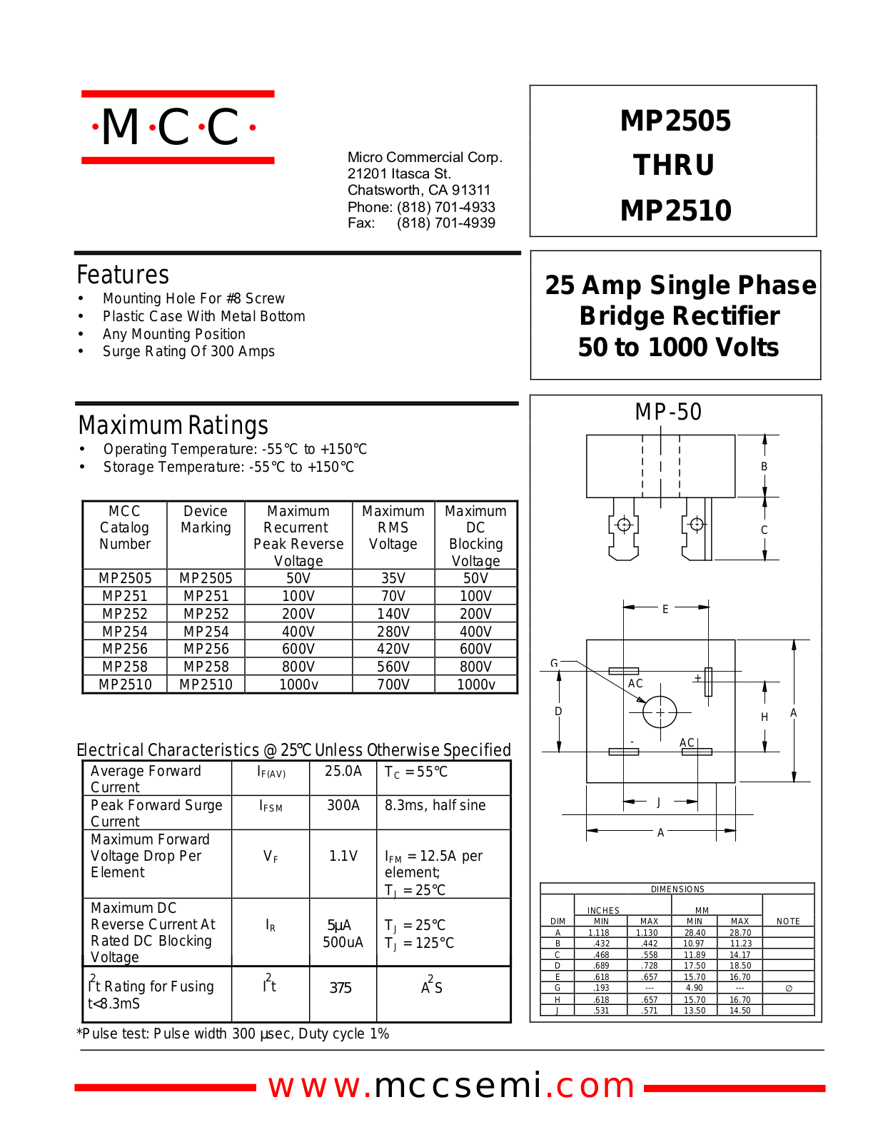 MCC MP258, MP256, MP252, MP254, MP2510 Datasheet