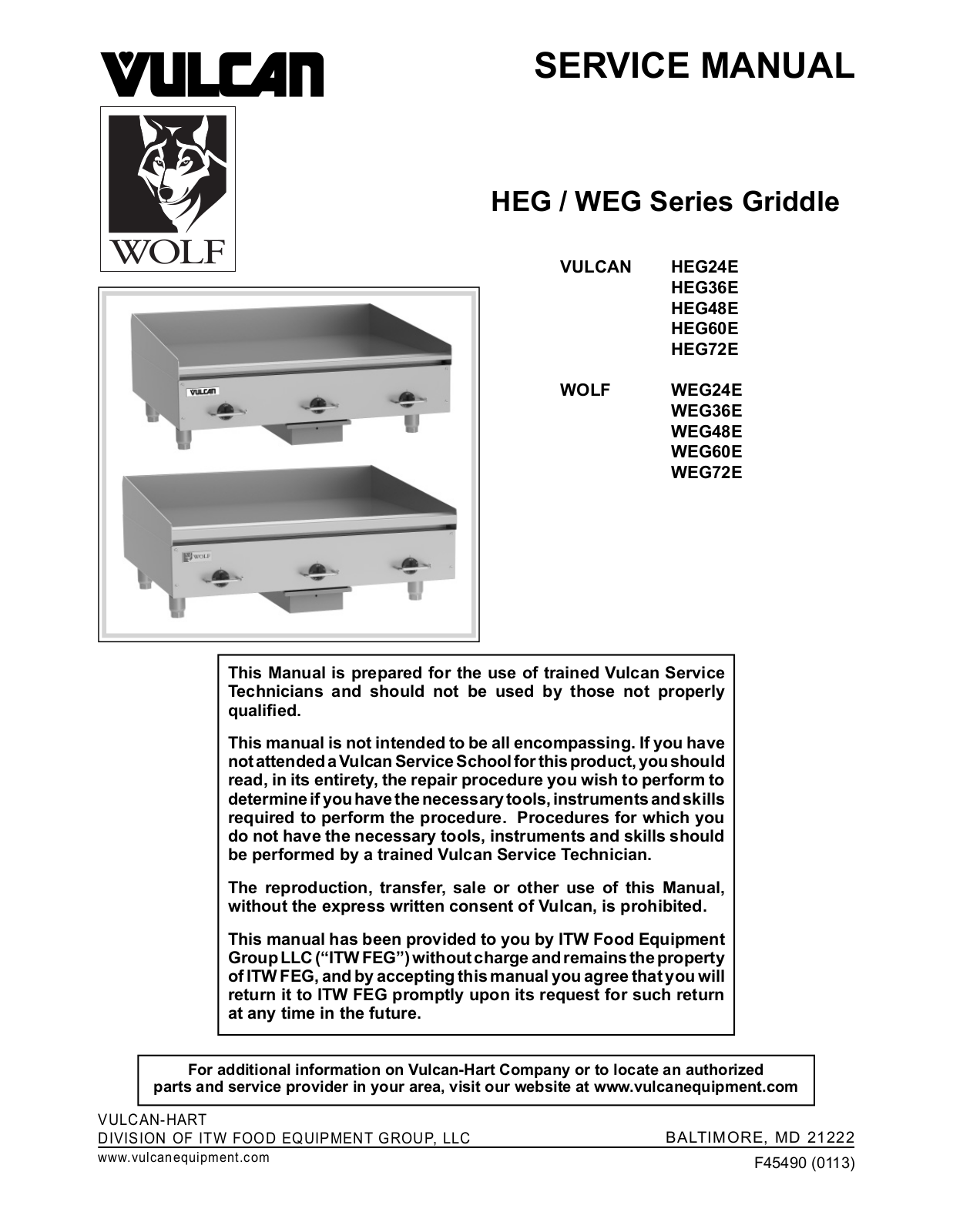 Vulcan-Hart VULCAN HEG48E, VULCANHEG72E, VULCANHEG36E, VULCANHEG60E, WOLF WEG24E Service Manual