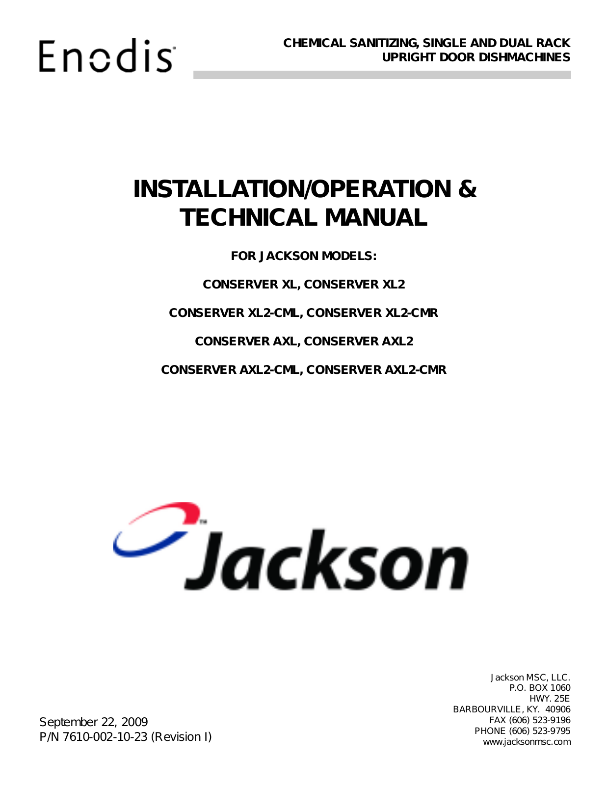 Jackson / Dalton Dishwasher CONSERVER AXL2-CML Service Manual