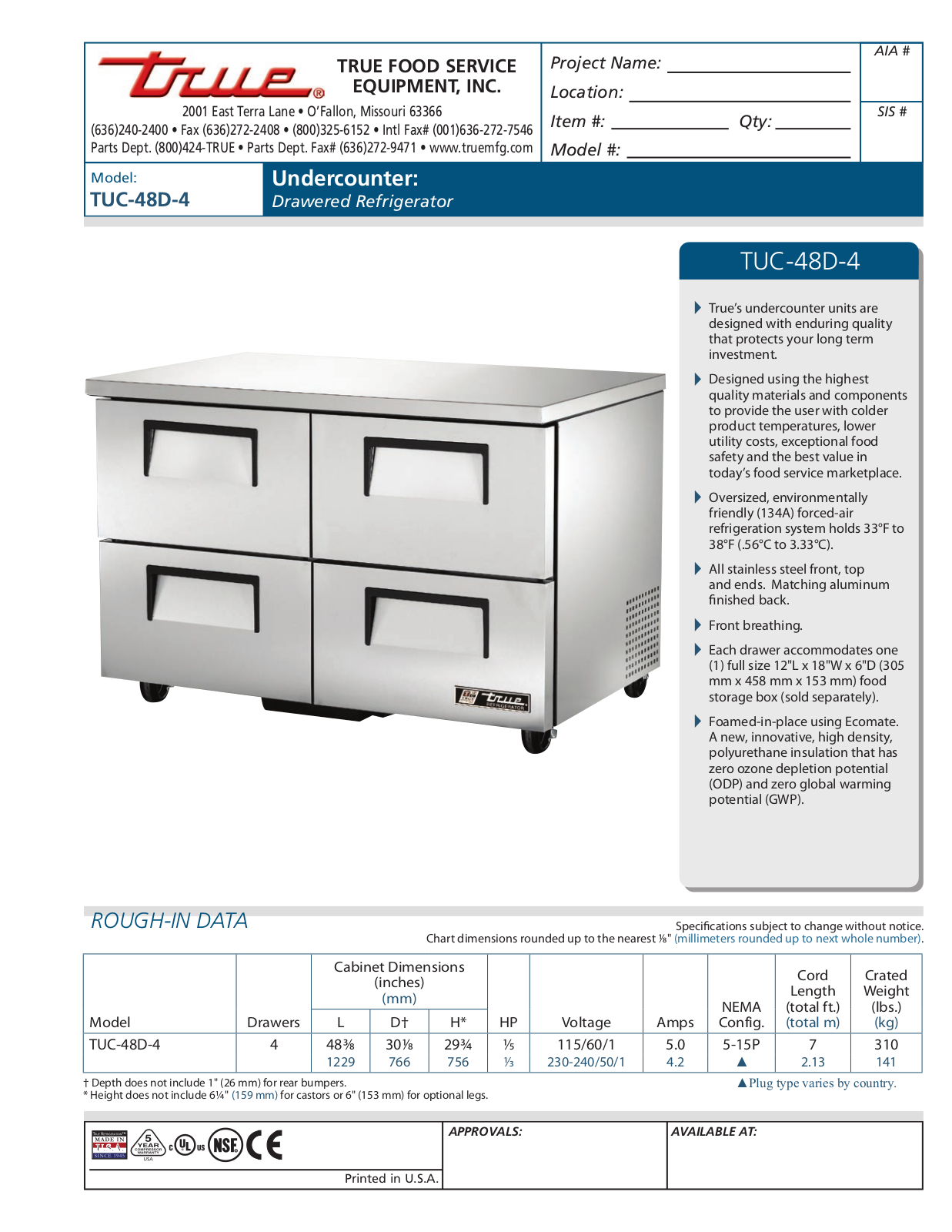 True TUC-48D-4 Specifications