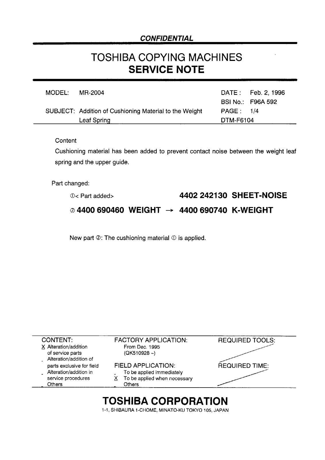 Toshiba f96a592 Service Note