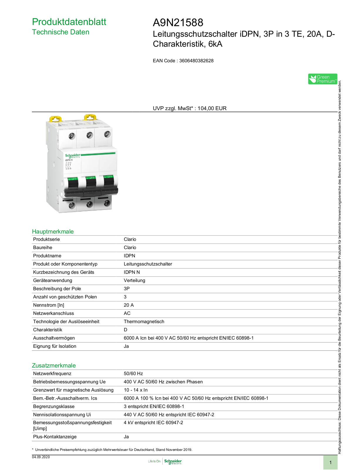 Schneider Electric A9N21588 Technische Daten