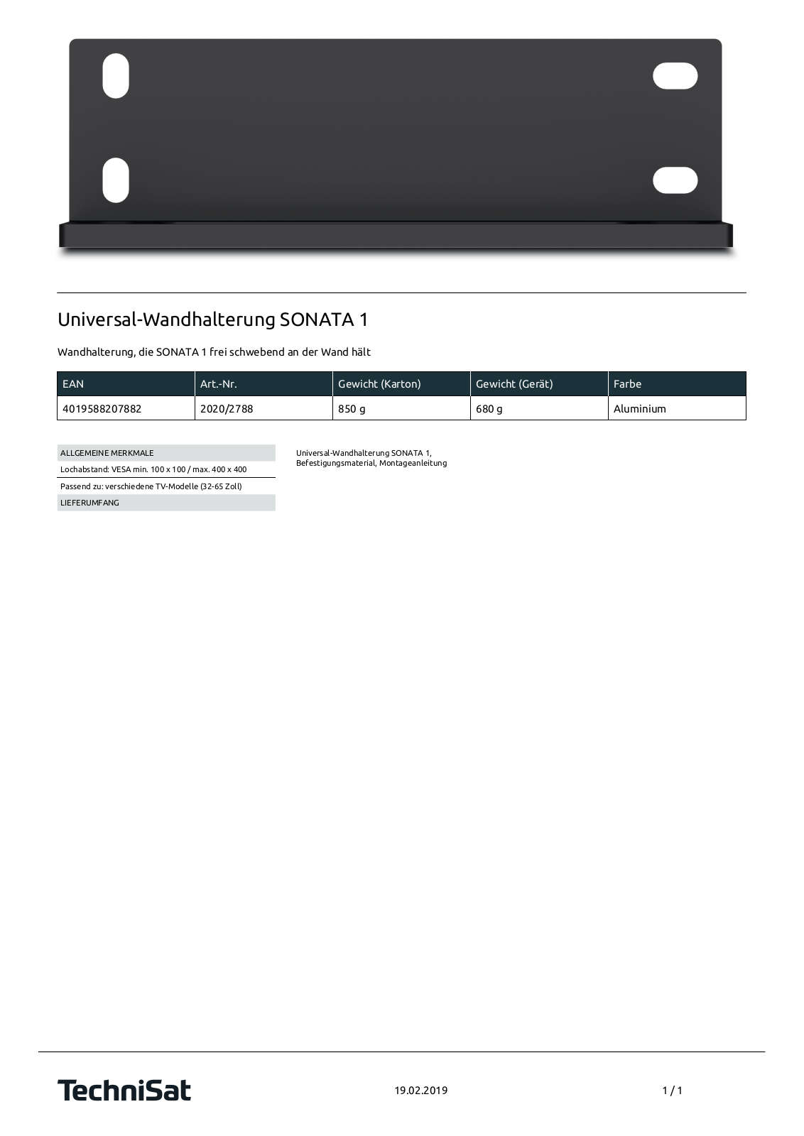 TechniSat Universal-Wandhalterung SONATA 1 Technische details