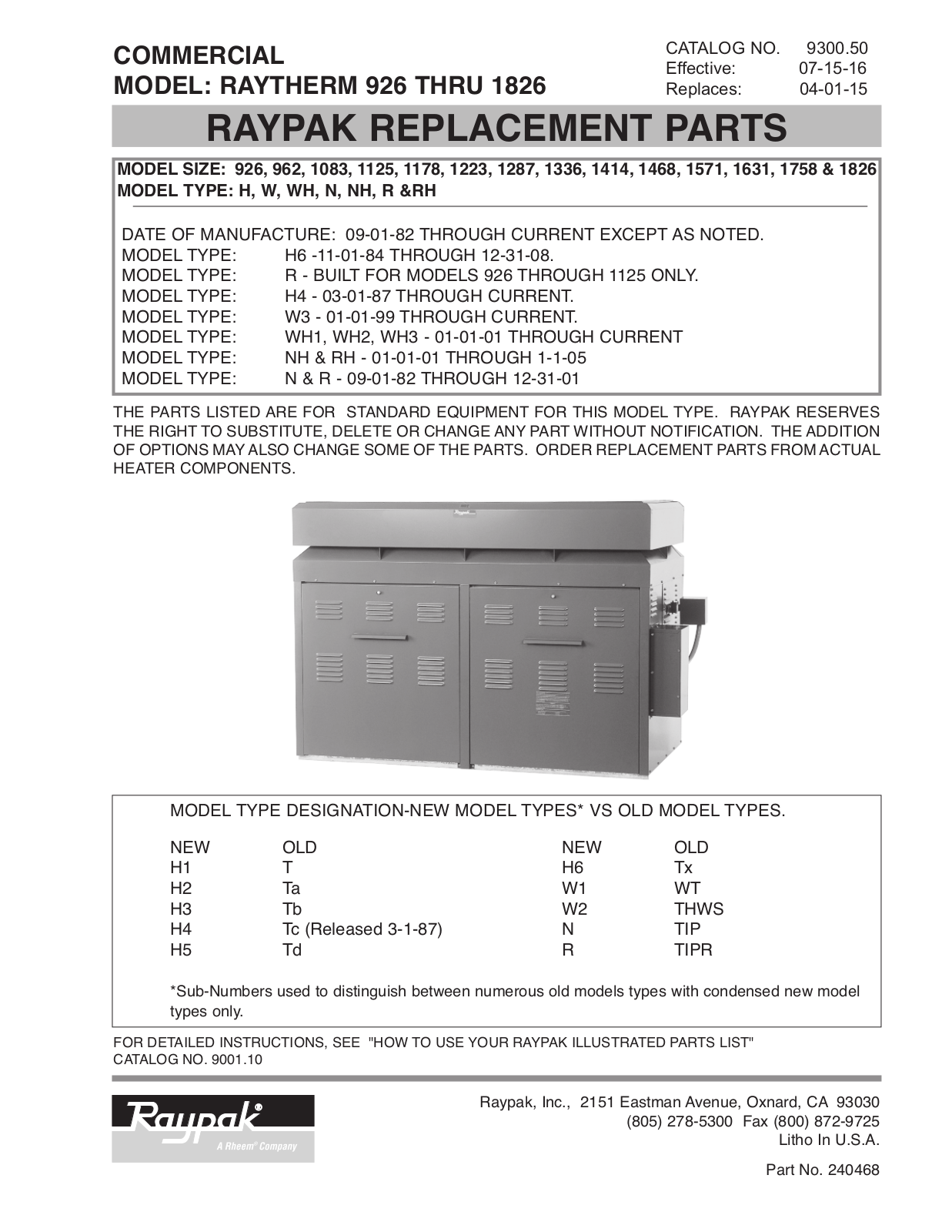 Raypak H1-1104, H1-1223, H1-1083 Parts List