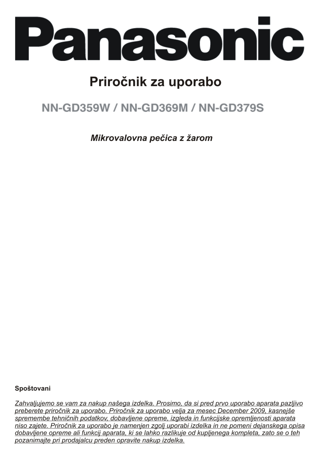 Panasonic NN-GD379S, NN-GD369M, NN-GD359W User Manual