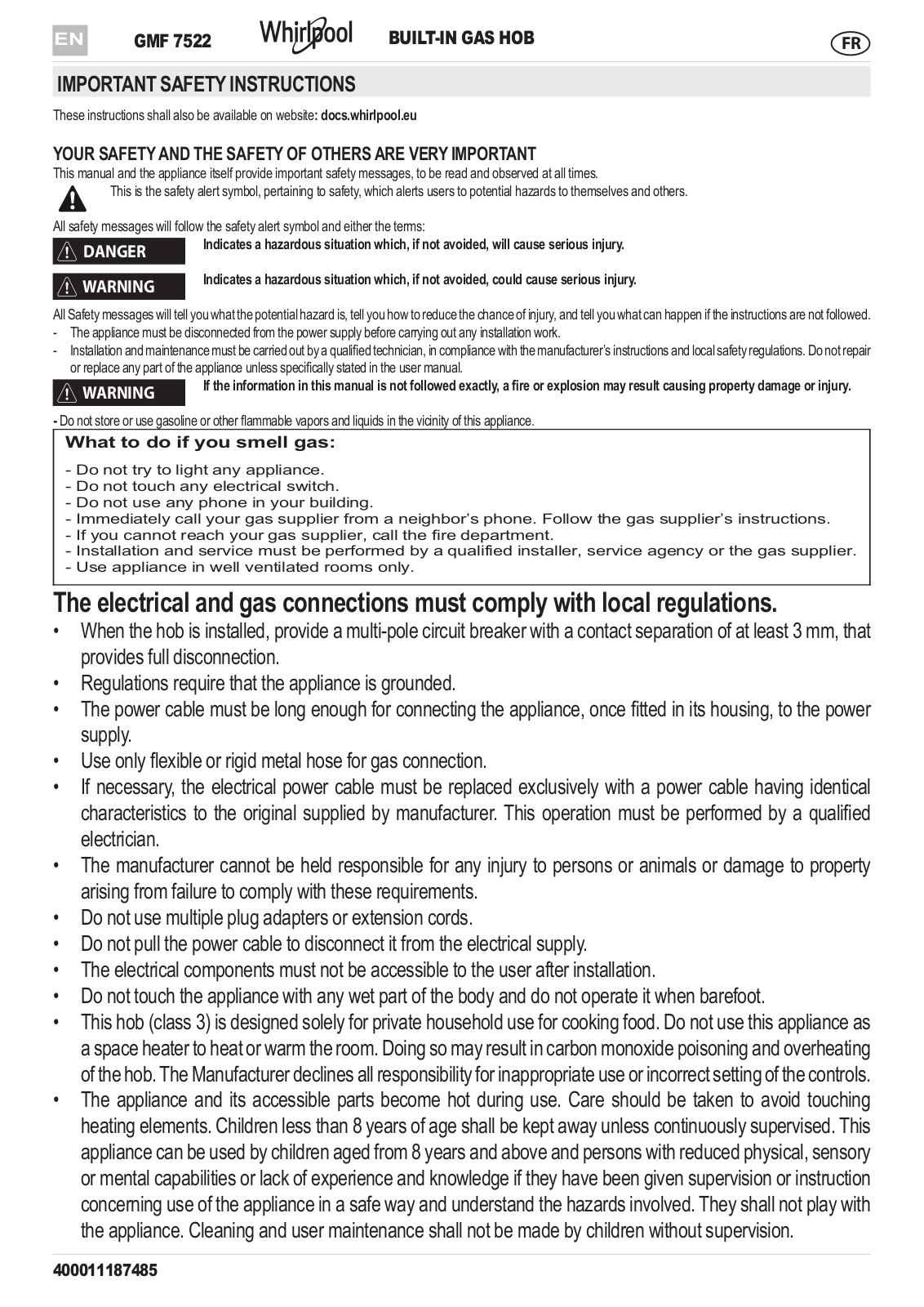 WHIRLPOOL GMF 7522/IXL User Manual