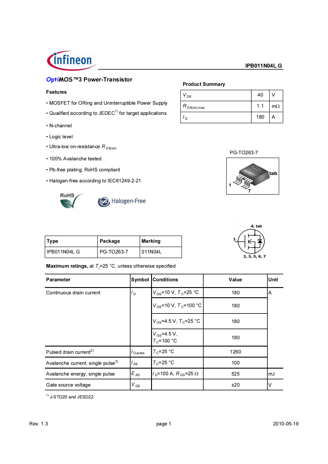 Datasheet ipb011n04l_rev1.3 Datasheet - ManualMachine.com
