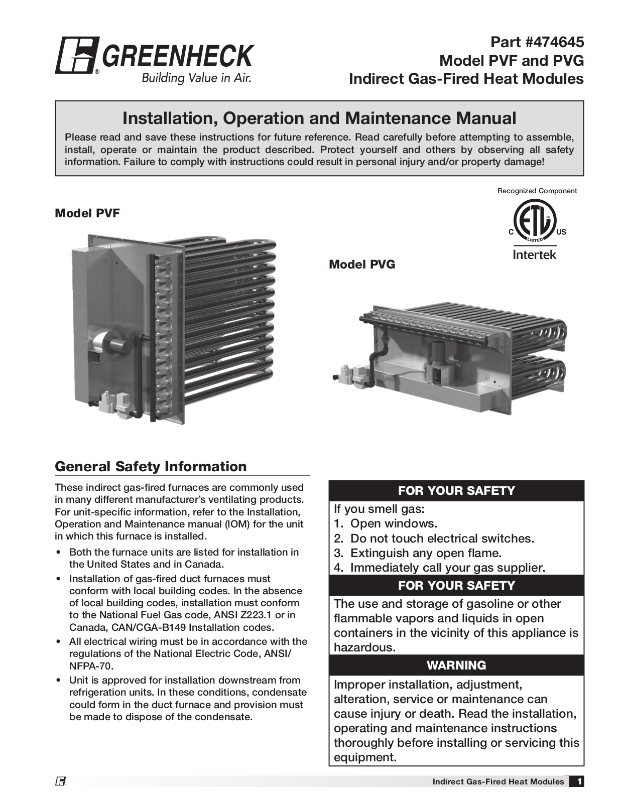 Greenheck PVF100 Installation  Manual