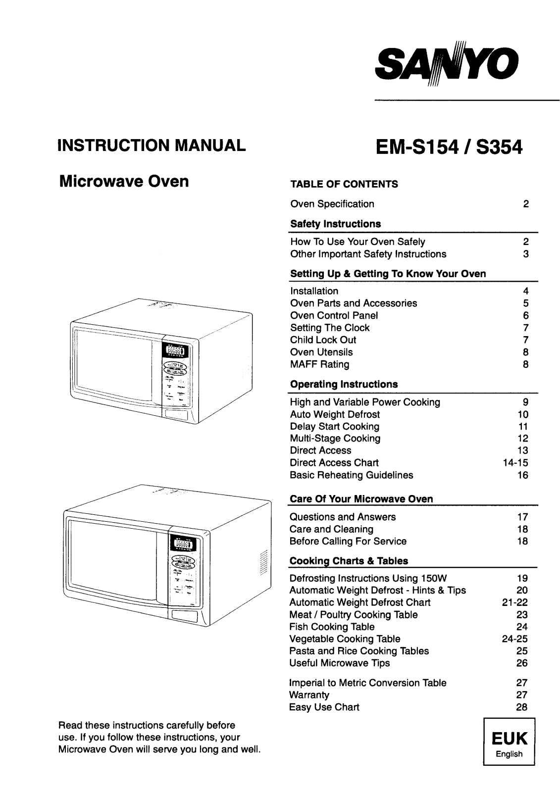 Sanyo EM-S154 Instruction Manual