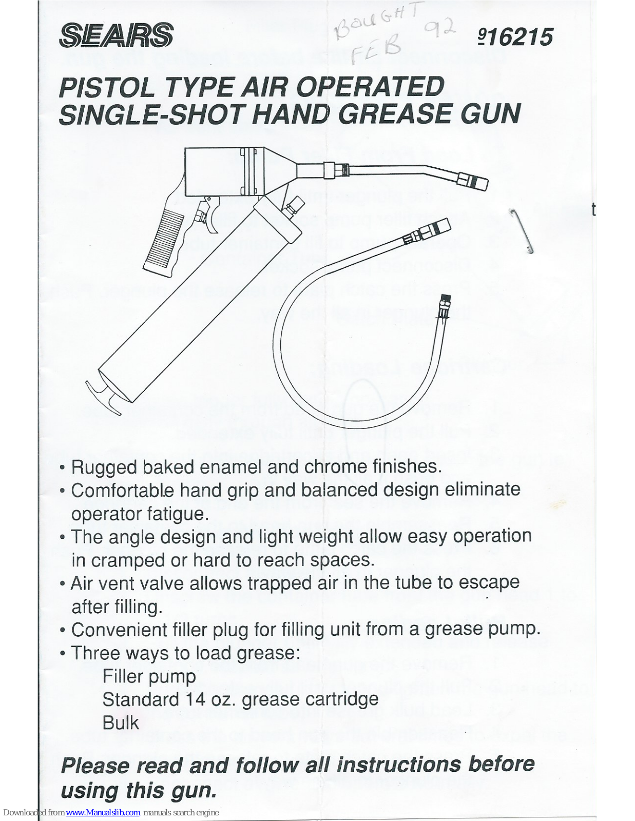 Sears 9-16215 Instruction Manual