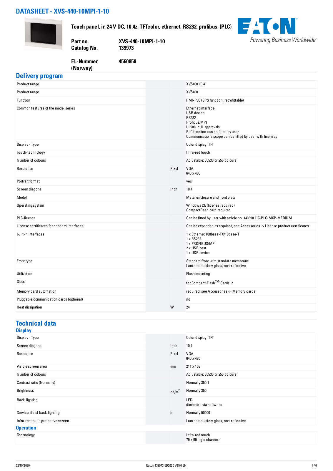 Cutler Hammer, Div of Eaton Corp XVS-440-10MPI-1-10 Data Sheet