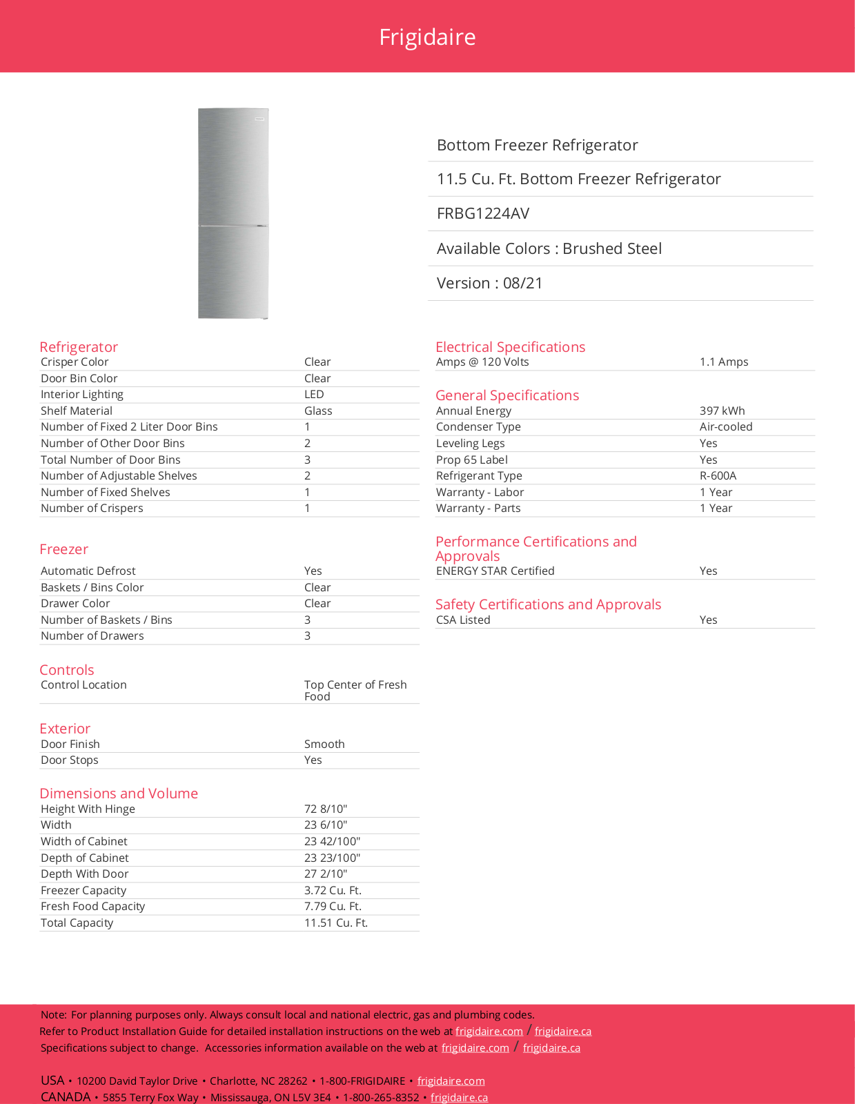 Frigidaire FRBG1224AV PRODUCT SPECIFICATIONS