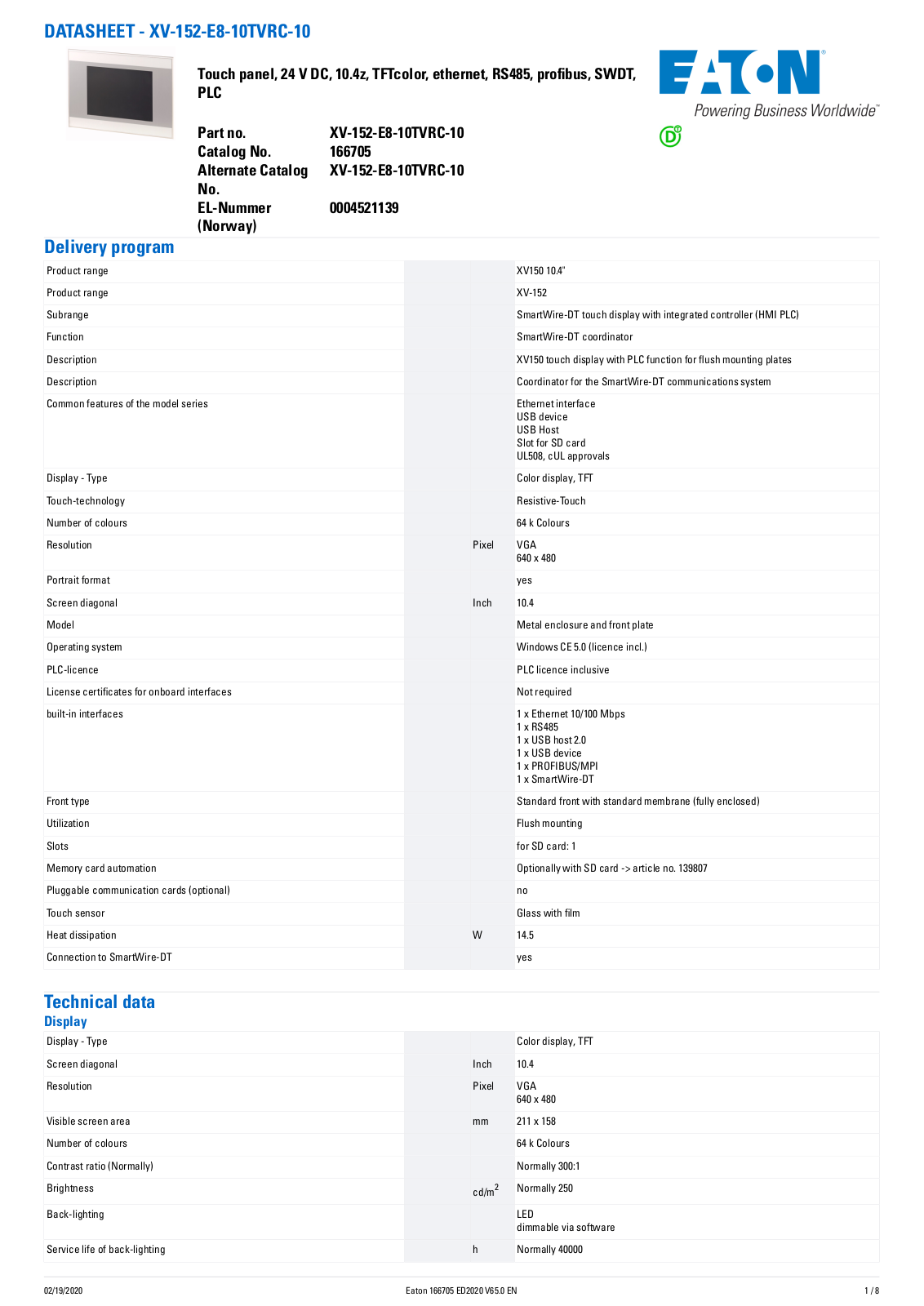 Cutler Hammer, Div of Eaton Corp XV-152-E8-10TVRC-10 Data Sheet