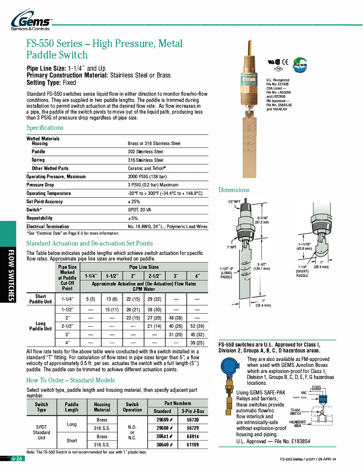 Gems Sensors & Controls FS-550 Series Catalog Page