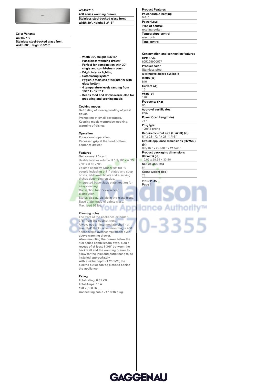 Gaggenau WS482710 Specs