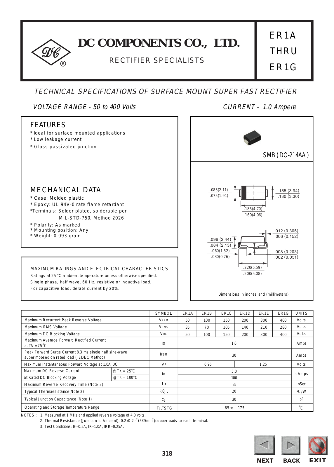 DCCOM ER1G, ER1E, ER1D, ER1B, ER1A Datasheet