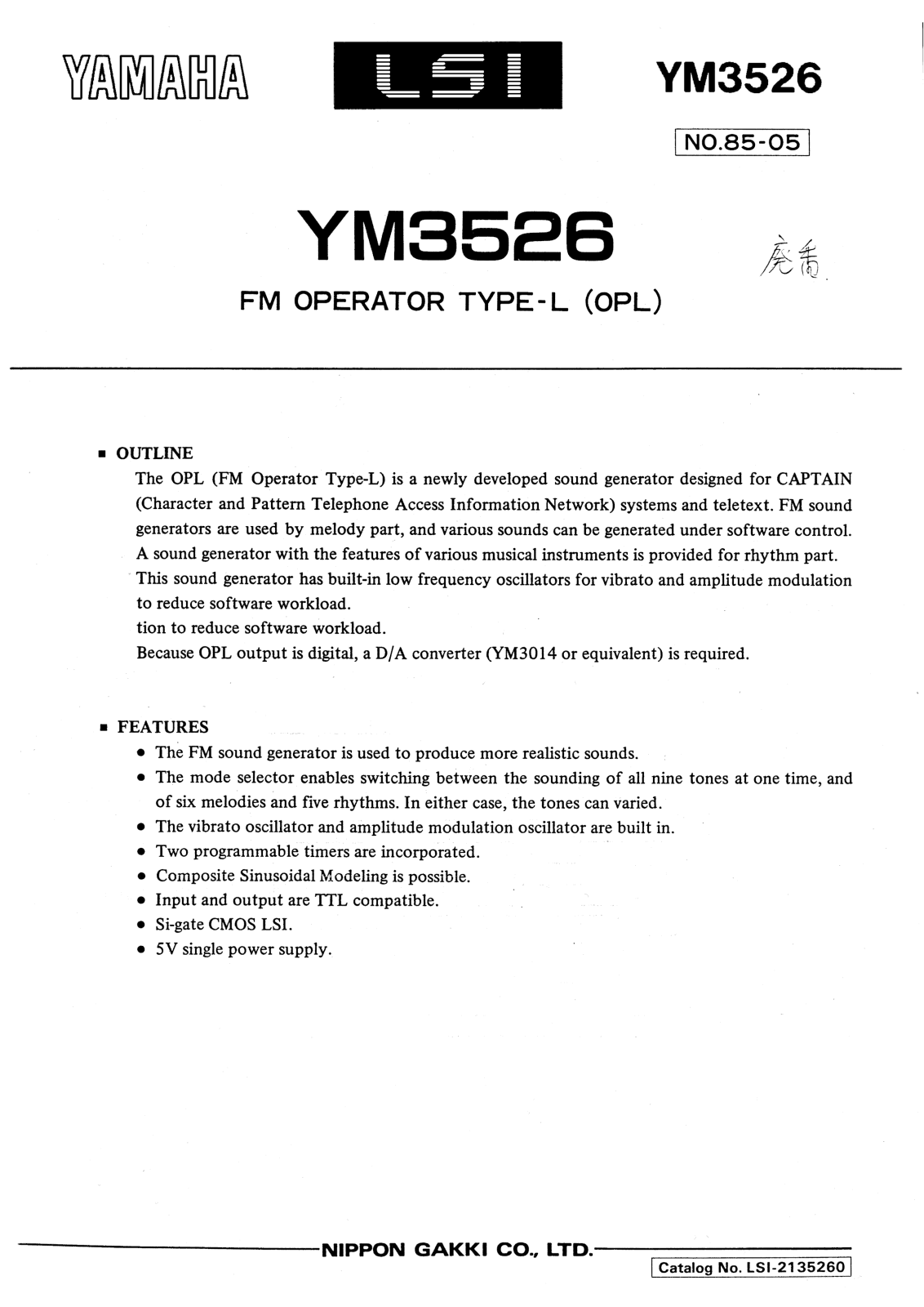 Yamaha YM3526 Datasheet