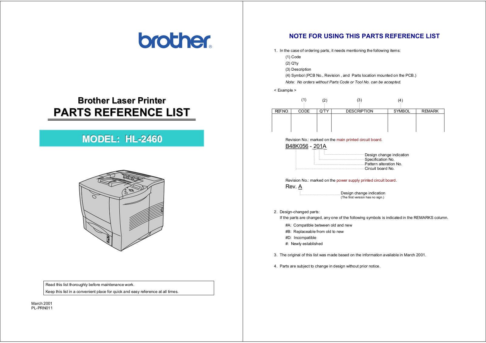 Brother HL-2460 Part List