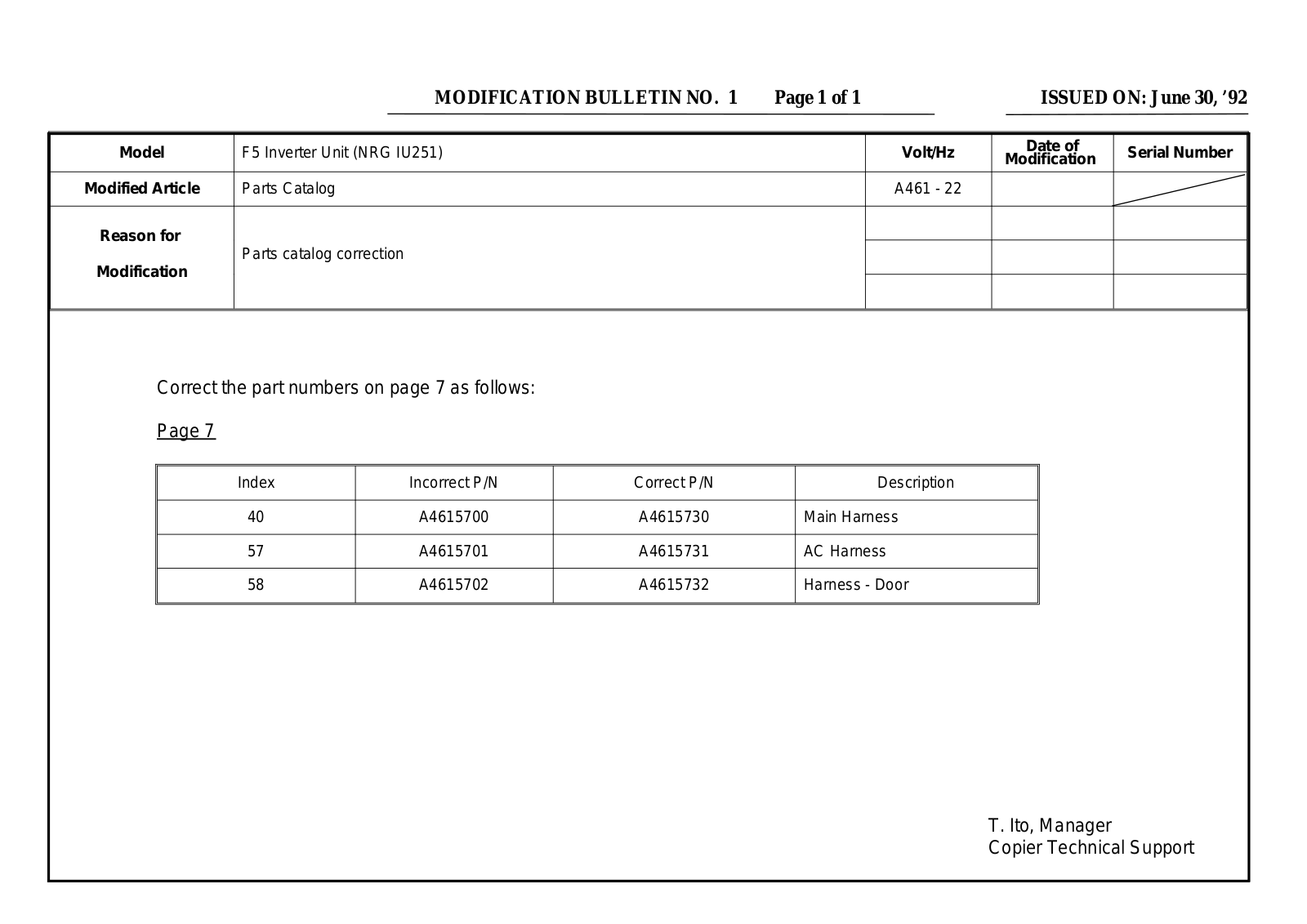 Ricoh A461 Modification Bulletin F5INV