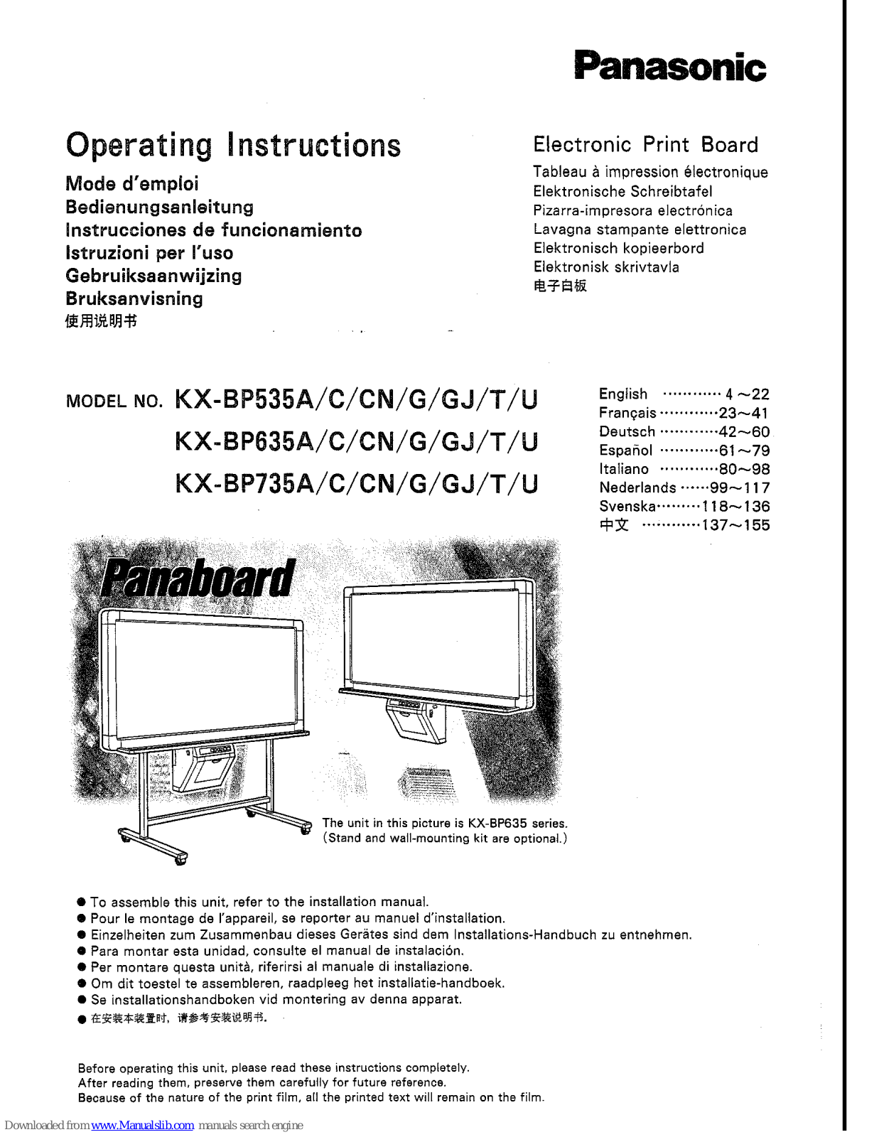 Panasonic Panaboard KX-BP535CN, Panaboard KX-BP535GJ, Panaboard KX-BP535C, Panaboard KX-BP535G, Panaboard KX-BP535T Operating Instructions Manual