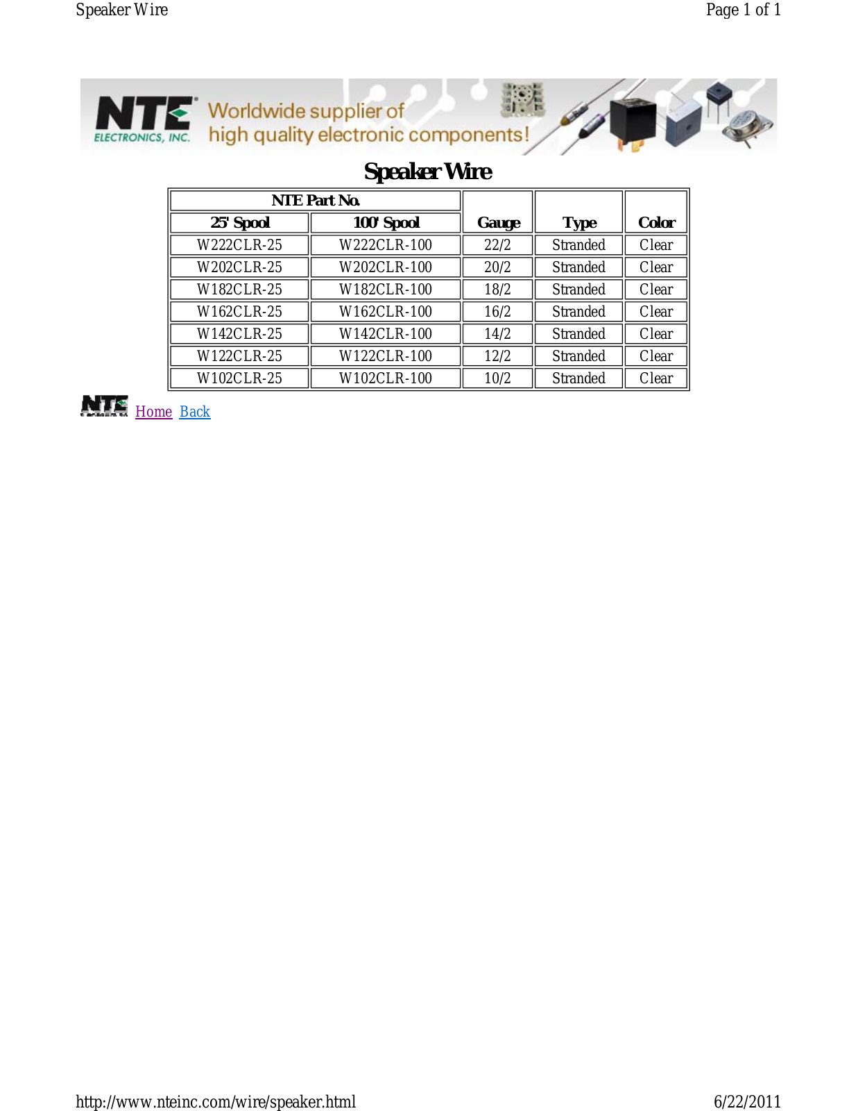 NTE Electronics W102CLR, W122CLR, W142CLR, W162CLR, W182CLR Catalog Page