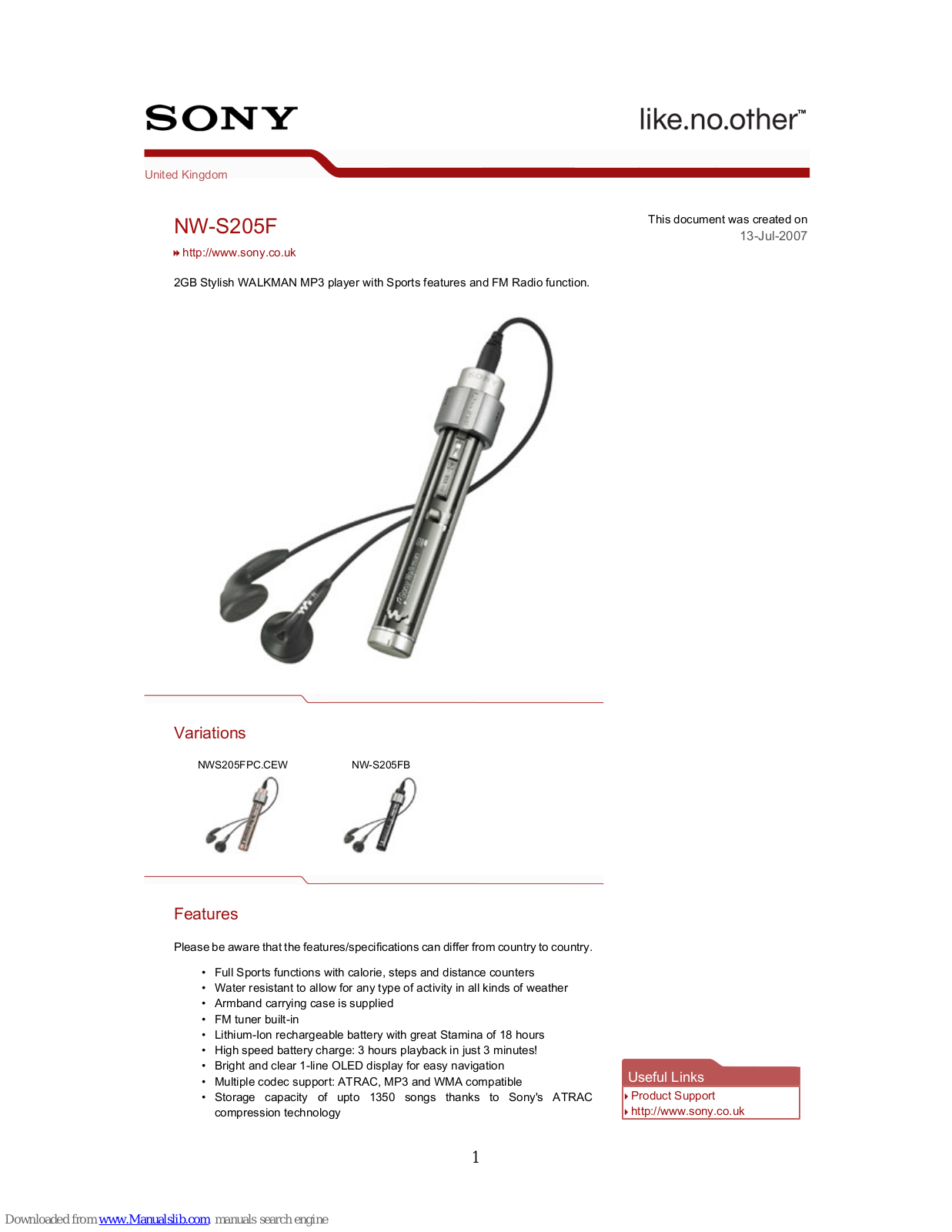 Sony NWS203FB, NWS203FP, NWS205FB, Walkman NW-S205F Specifications