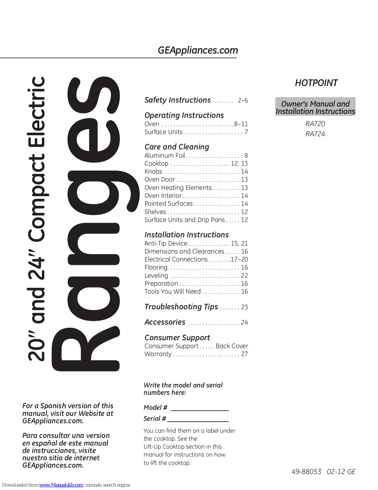 GE RA720KWH, RA720, RA724 Owner's Manual