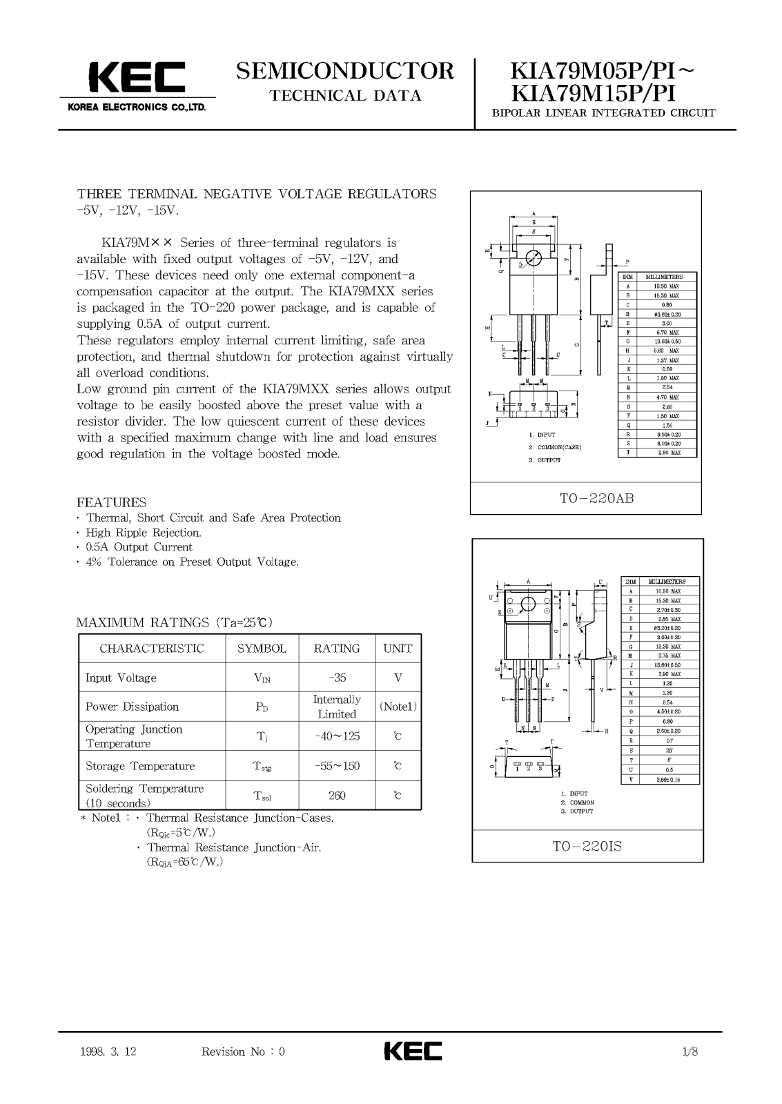 KEC KIA79M05PI, KIA79M05P, KIA79M15PI, KIA79M15P, KIA79M12PI Datasheet