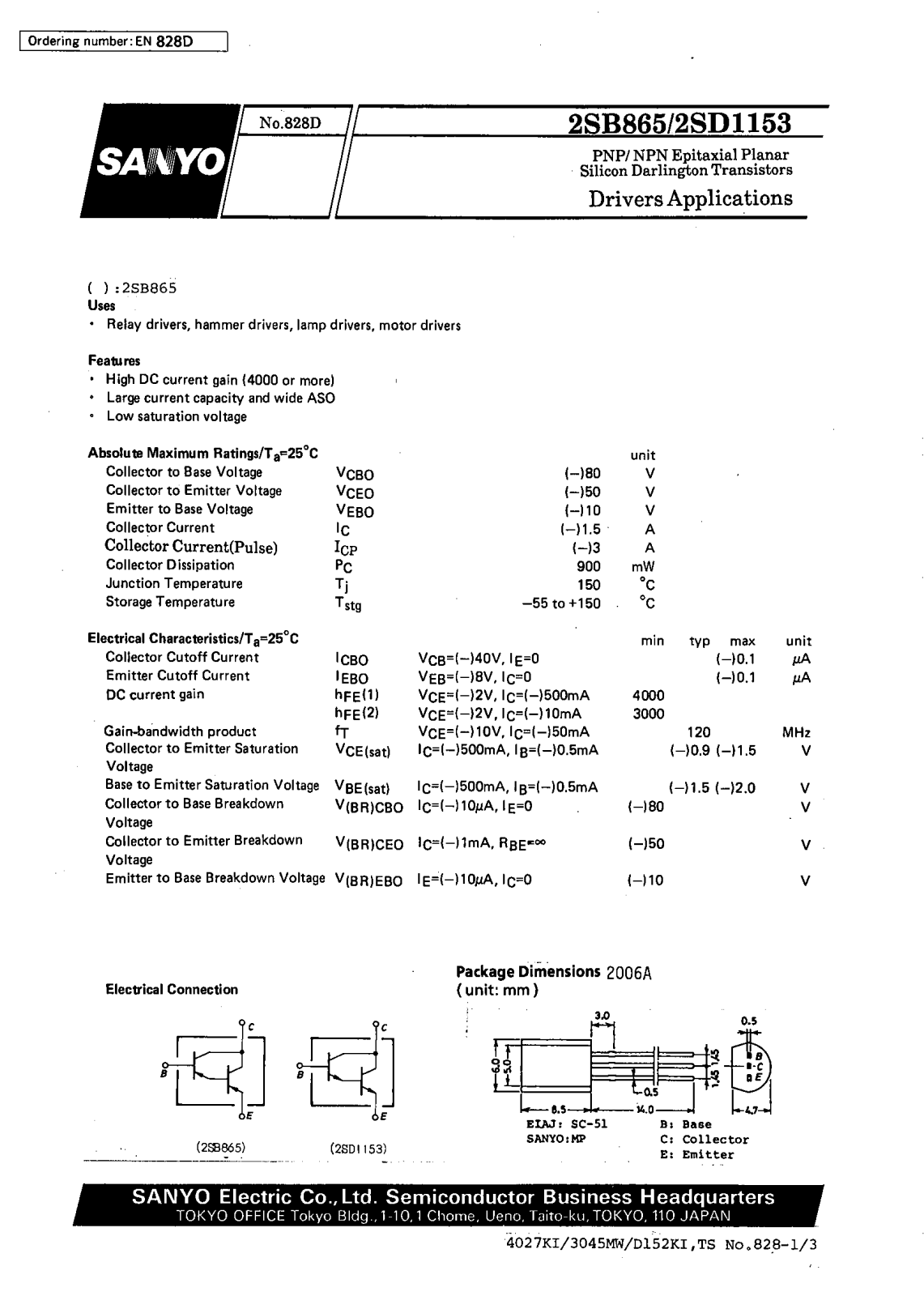 SANYO 2SD1153, 2SB865 Datasheet