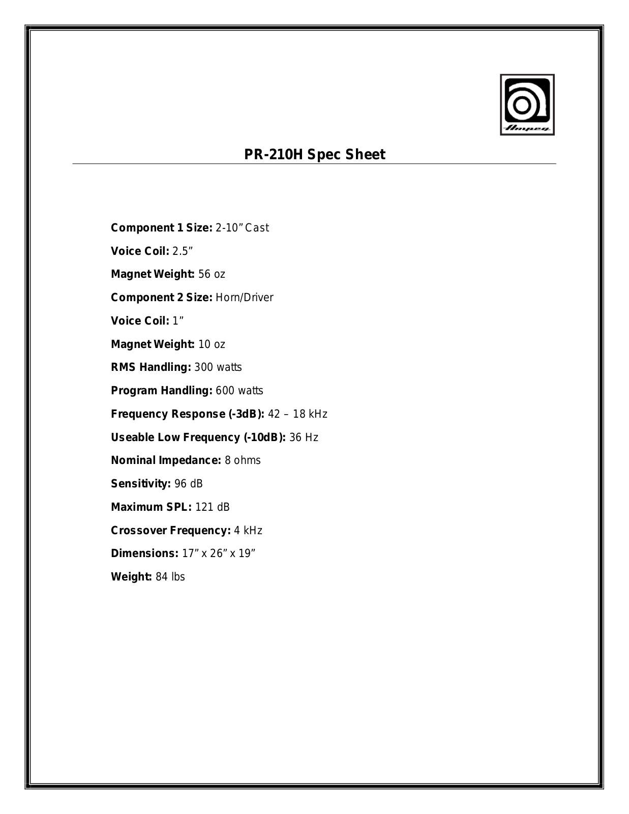 Ampeg PR-210H User Manual