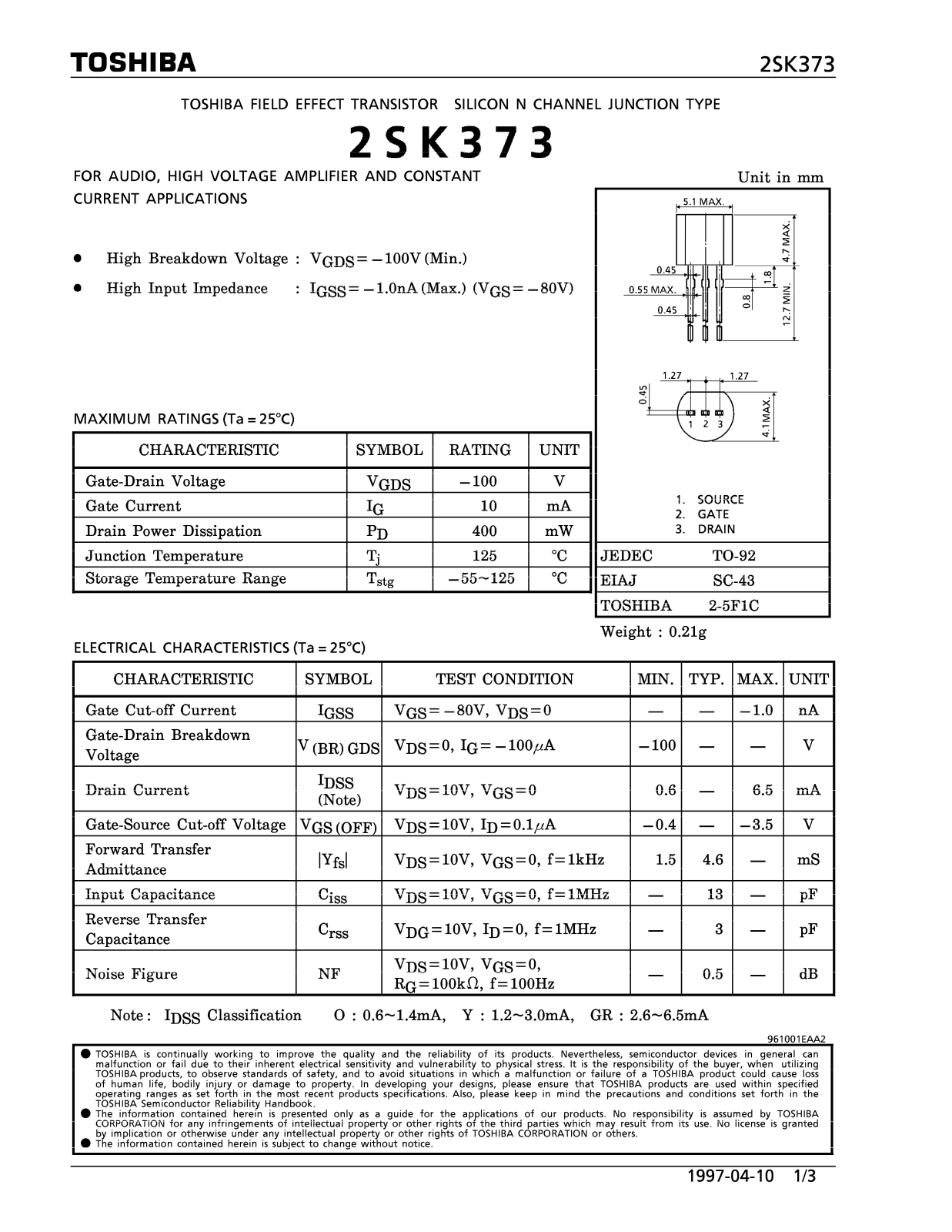 TOSHIBA 2SK373 Service manual