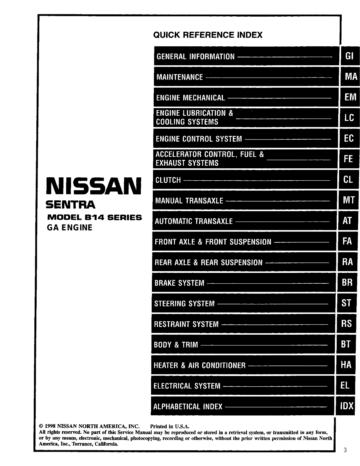 Nissan Sentra 1999 User Manual