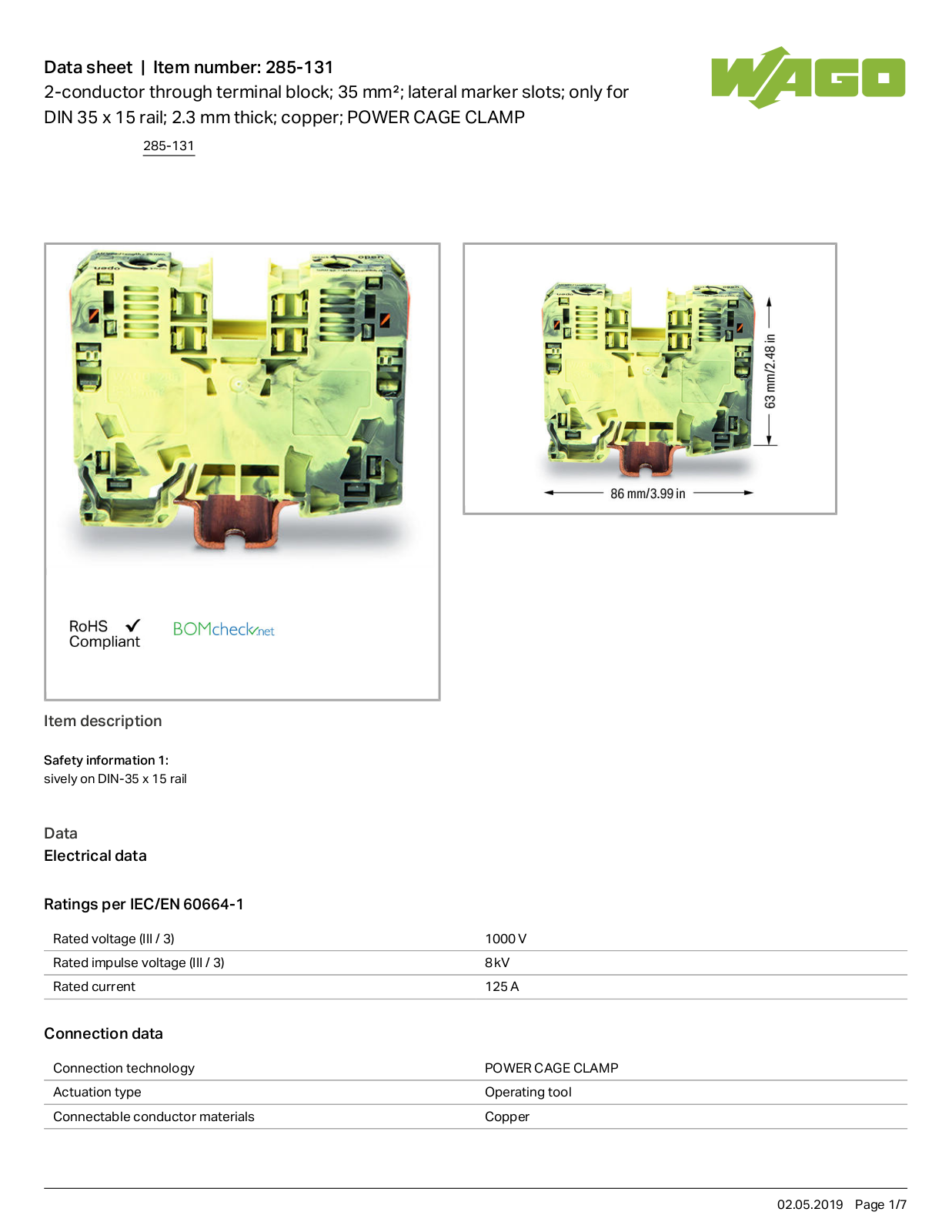 Wago 285-131 Data Sheet